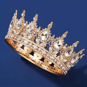 Majestic Bridal Tiara Crown - Exquisite Baroque Style with Inlaid Dazzling Rhinestones, Golden/Silvery Finish, Fashionable Wedding Accessory