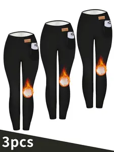Women's 3-Pack Black Skinny Pants - Fleece Lined Warm Stretchy Trousers with Pockets, Comfortable & Versatile