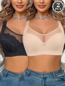 2PCS Women's Underwire Push-Up Bra, Full Coverage Lifted Anti‑sagging Slimming Breathable  Bras,Wide Straps Cover Side Breasts Adjustable Bras for Everyday Wear
