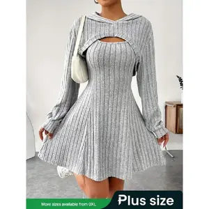 [Plus Size] Two-piece Set Solid Ribbed Crop Hoodie & Tank Dress Set, Casual Bishop Sleeve Hooded Sweatshirt & Short Dress, Women's Spring & Fall Clothes