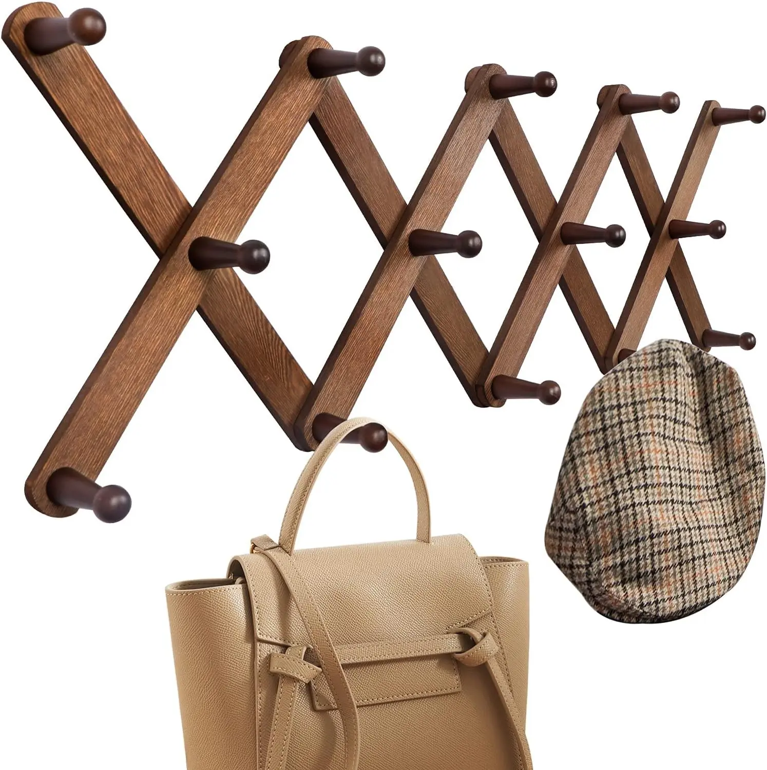 Wood Accordion Wall Hanger, Expandable Coat Rack Wall Mount with 14 Pegs, Expanding Hat Rack for Wall, X Shape, 27"×10"