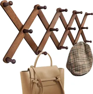Wood Accordion Wall Hanger, Expandable Coat Rack Wall Mount with 14 Pegs, Expanding Hat Rack for Wall, X Shape, 27"×10"