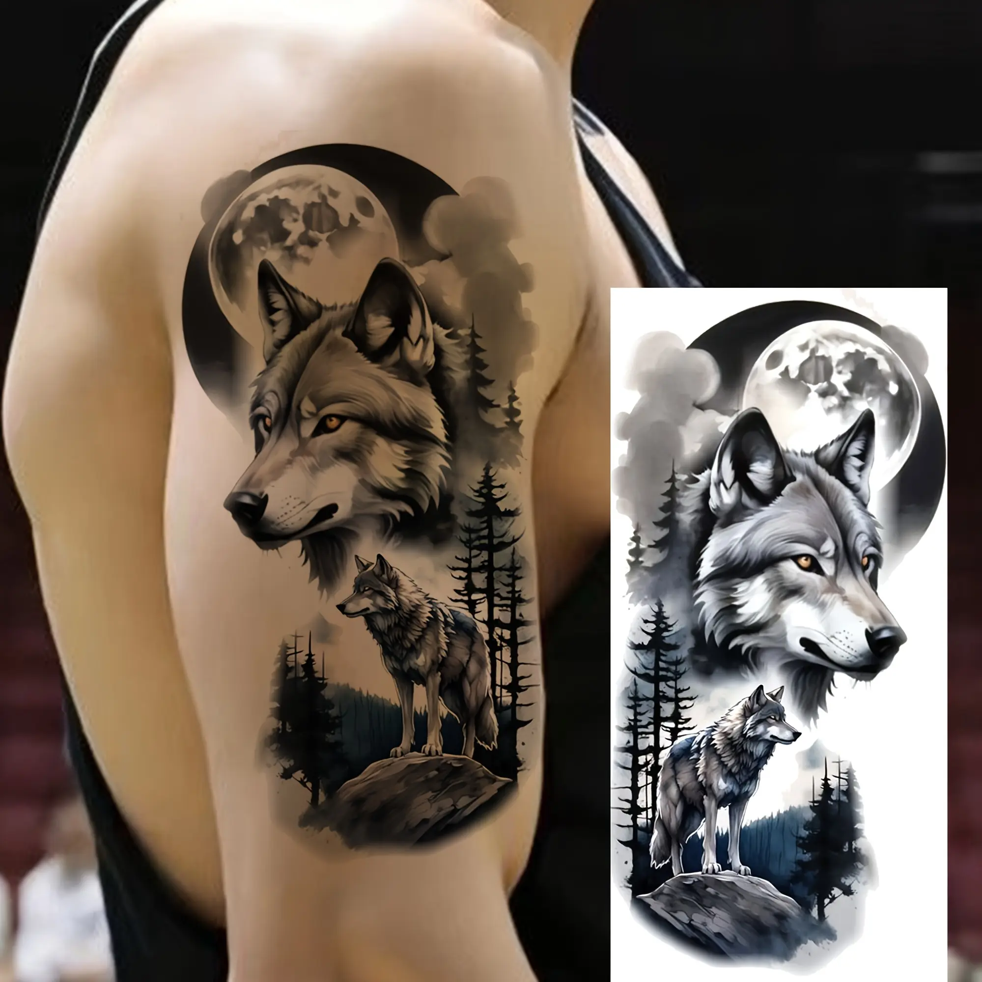 Wolf Forest Moon Assorted Bundle Temporary Tattoos (6 Stickers: 3 Solid Fixed Items, 3 Normal Random Tattoo Art Designs) - Realistic, Fragrance-Free for Adults, Half Sleeve, Forearm