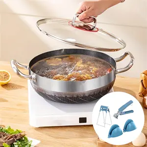 5pcs Thick Stainless Steel Wok Set, Dual Ear Honeycomb Design, Includes Ladle & Clip, Ideal for Induction & Gas Stoves, Kitchen Cooking Essentials