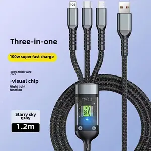 Products in Stock New 100W Transparent Median Brown Luminous Three-in-One Data Cable Super Fast Charge Woven Three-in-One Data Cable