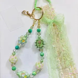 Handcrafted Keychain Phone Charm Bagcharm with Fancy Green Beads Glass Crystals Multi Color Green Yellow Fabric Attachment Gold Split Keyring Hook Card Included