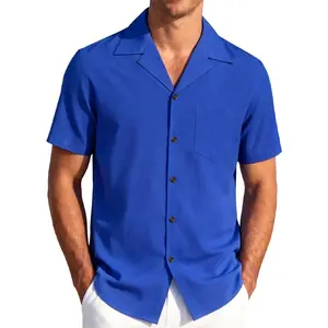 JEMITOP Men's Plain Cuban Collar Shirt, Lightweight Stretch Short Sleeve Button Down with Pocket for Summer Vacation, Shortsleeve