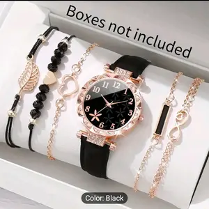 6pcs/set Women's Watch Casual Flower Quartz Watch PU Leather Wrist Watch & Bracelets.