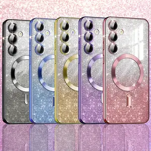 Phone Case, Casing - Set of 3 [1 Phone Cover And 2 Screen Protectors] Designed for Samsung Galaxy A55, A35, A15, A16 5G, Featuring a Clear Magnetic Glitter Gradient with a Plated Soft Bumper And a Complete Camera Lens Protector