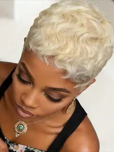 Curly Wave Human Hair Wig Full Machine Made Wig 60# Color Pixie Cut Wig 150% Density 6 Inch Natural Looking Wigs