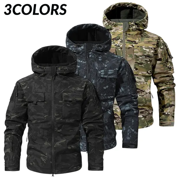 Men’s tactical hooded cargo jacket with multiple pockets—functional outerwear in a rugged outdoor windproof, wear-resistant hardshell design for hiking and outdoor activities; available in 7 colors.