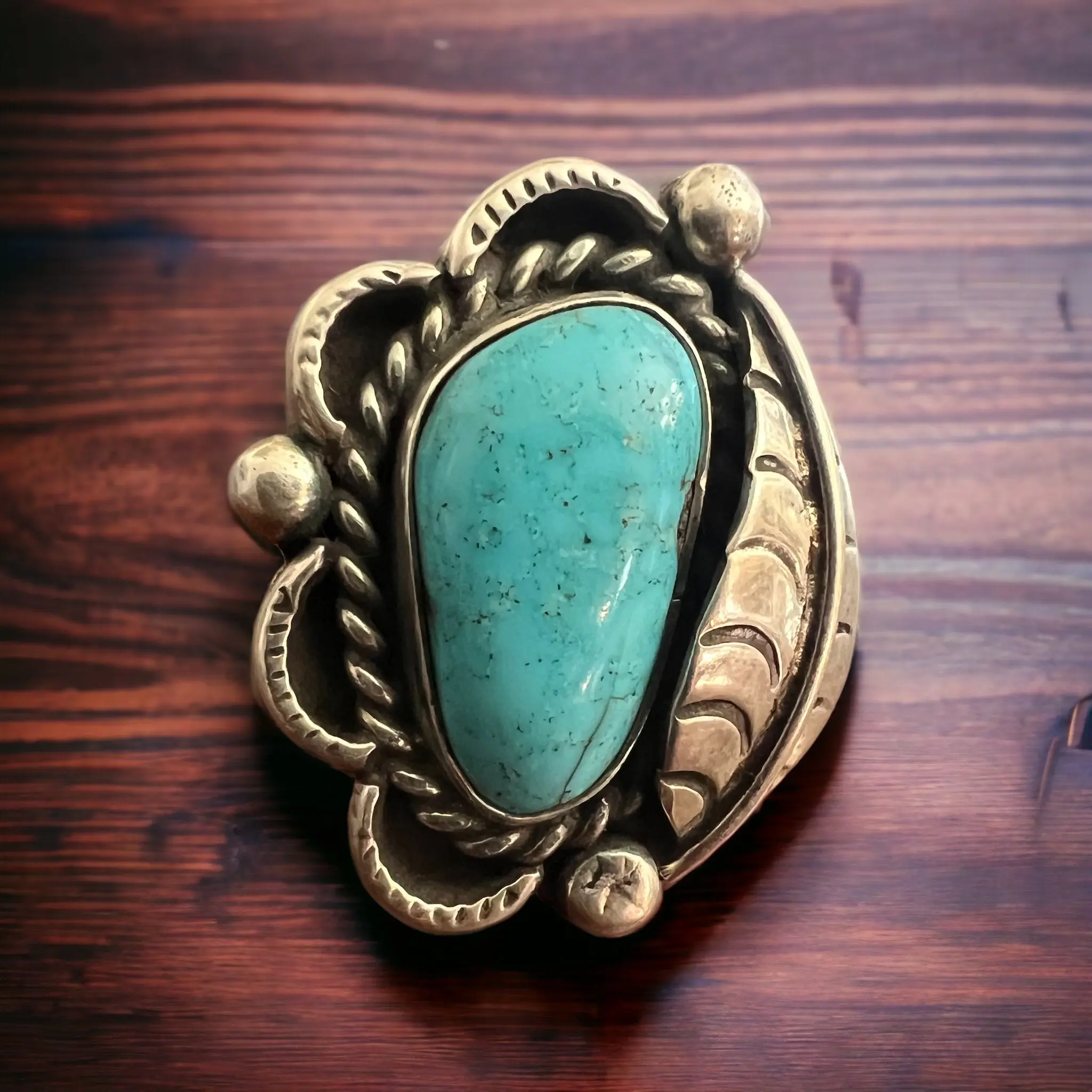 Hand-Stamped Sterling Silver Turquoise Cabochon Ring with Leaf Detail — Size 7
