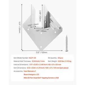 VEVOR Hurricane Ties for Rafter, Inner Size 5.31x1.57x2.48 in/ 135x40x63 mm, Heavy Duty Hurricane Straps, Heavy Duty Rafter Ties Brackets Joist Hangers for Roof Beam Wooden Construction, 25 Pcs