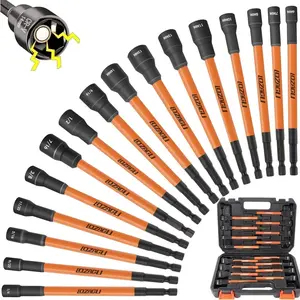16Pcs Long Magnetic Nut Driver Set for Impact Drill, 6 Inch Long Nut Driver Set, SAE and Metric, 1/4 Inch Hex Shank, Cr-V Steel