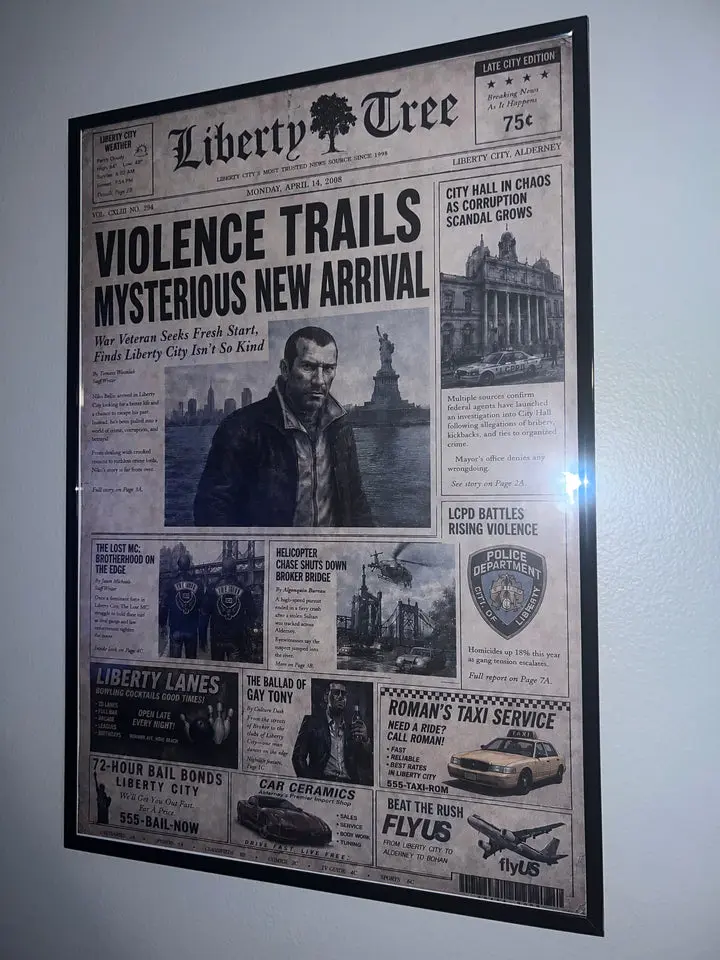 Niko Bellic Liberty City Vintage Movie Newspaper Gaming Poster - 13” x 19” High-Res Premium Matte Print, Indoors Wall Art for Niko Fans Memorabilia Collectors