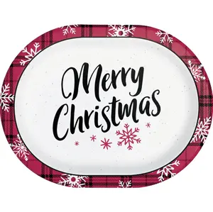 Holiday Time Red and Black Snowflake Merry Christmas Oval Disposable Paper Plates, 12", 8 Count
