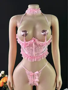 Women's Sexy Lingerie Set, Hollow Out & Lace Spliced Sheer See-through Outfit, Underwire 5-Piece Set Included: Top + Panty + Choker + 2 Nipple Covers Perfect for Private Parties