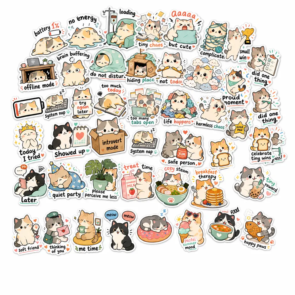 Cute Cat Mood Meme Stickers | 50 Waterproof Vinyl Decals for Laptop & Water Bottle