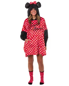 Disney Minnie Mouse Women's Pullover Hooded Plush Fleece Dorm Sleep Shirt with Socks