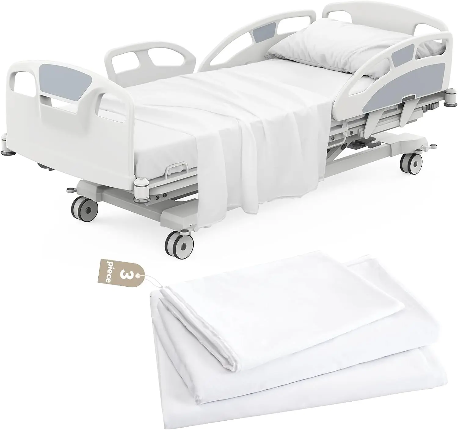 Hospital Bed Sheets Set 3 Piece for Home Use & Hospital Care Beds, White | 1 Fitted Sheet 36" x 84" x14", 1 Flat Sheet and 1 Pillowcase, Shrinkage & Stain Resistant Hospital Bed Sheet Set, White