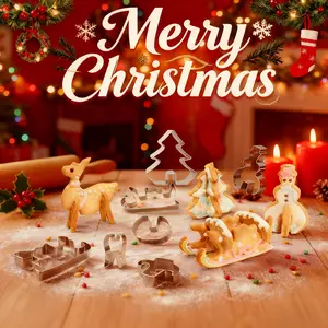 8pcs Christmas 3D Cookie Cutter Set, Stainless Steel Holiday Baking Molds Reindeer, Sleigh, Tree & Snowman Shapes, Easy-to-Use Kitchen Gadgets for Festive Treats, Party Baking & New Year Celebrations, Cookie Cutters Home