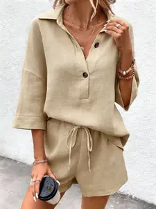 European Women's Summer Solid Color Short Sleeve T-Shirt, Casual Versatile Loose Fit Sport Set, Elastic Shorts 2-Piece Set, Outfit