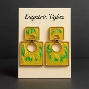 Esyntric Vybez Lemon Lime Swirl Drop Earrings - Square Design with Green and Yellow Swirls