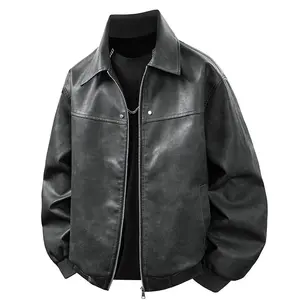 New Simple Casual Loose Men's Leather Jacket with Lapel Zipper Design & Pilot Style for Spring Autumn Casual Wear