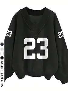 Women's Oversized V-Neck Sweatshirt, Number 23 Print Drop Shoulder Pullover, Casual Loose Fit Long Sleeve Top For Daily Wear