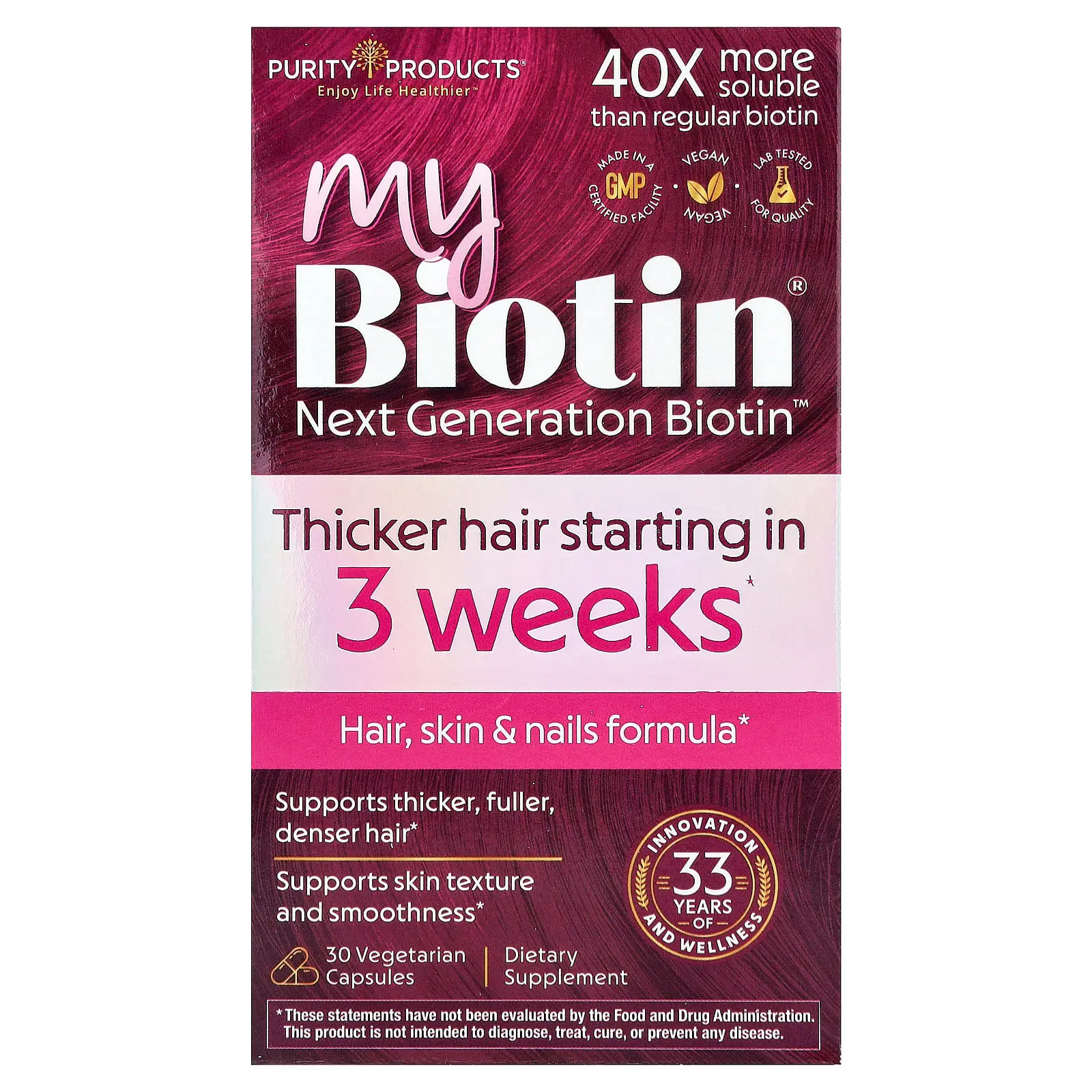 Purity Products MyBiotin™, Hair, Skin & Nails Formula, 30 Vegetarian Capsules