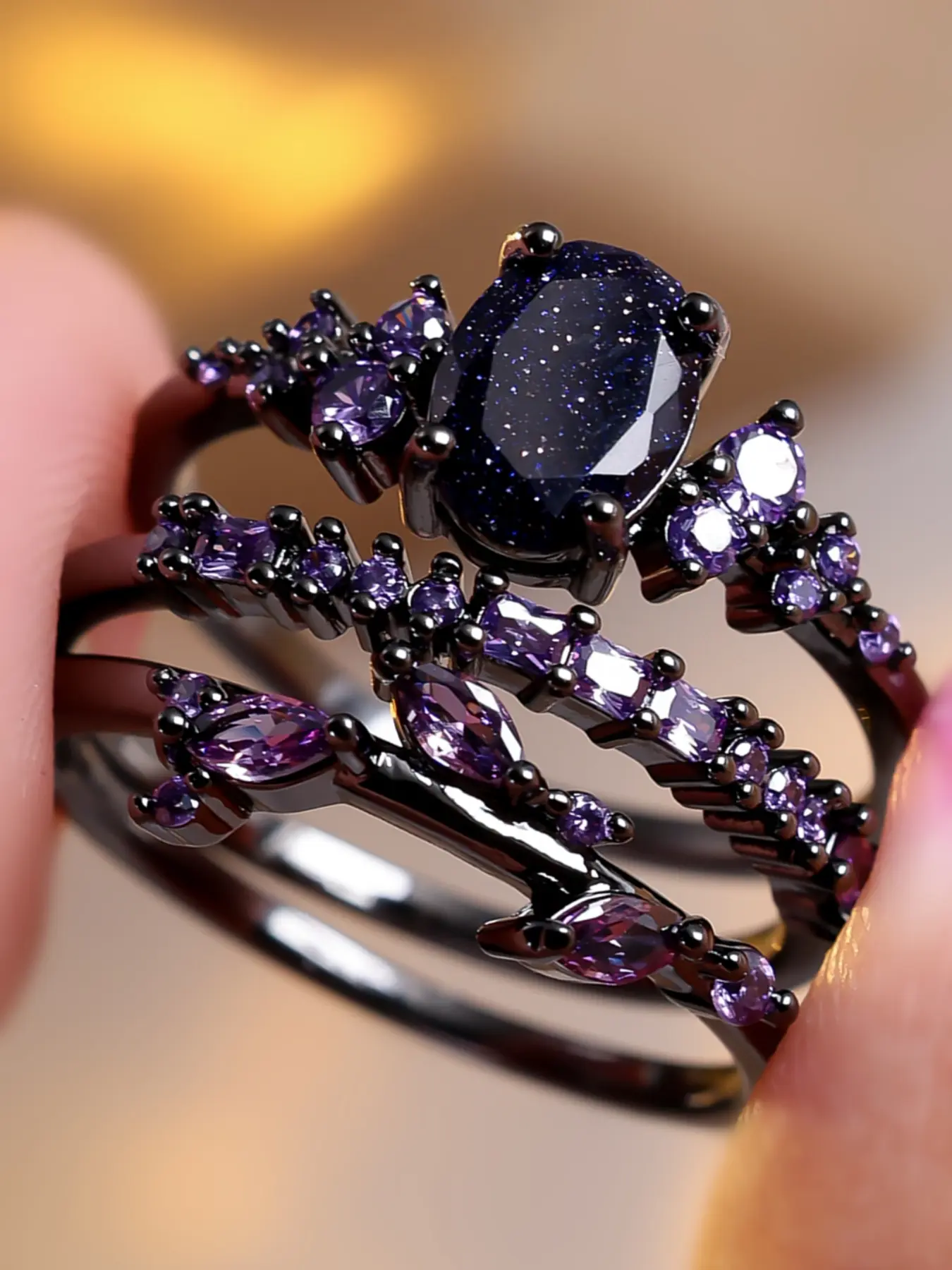 Black Retro Synthetic Crystal Stackable Ring Set for Women & Girls, Leaf Design Engagement-Style Rings for Weddings & Daily Wear, Valentine's Day Gift