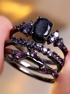 Unique Black Ring Set- Elegant Retro Synthetic Crystal Stackable Rings for Women & Girls, Leaf Design Engagement Ring Perfect for Weddings Jewelry, Daily Wear Valentine's Day Gift, Stacking Rings, Statement Rings