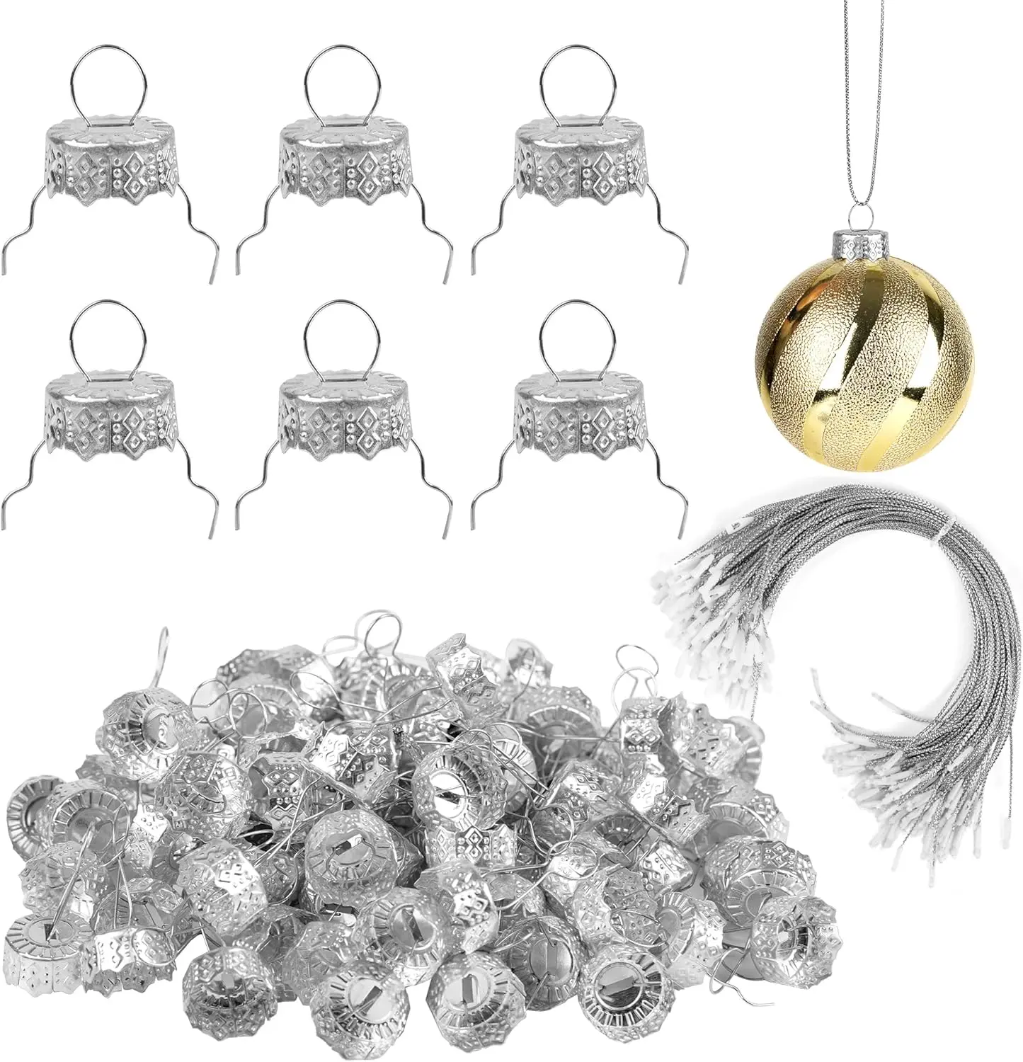 100 Pieces Round Christmas Ornament Caps and Ornament Hangers String Set | Christmas Hangers Caps for Christmas Tree, Ceramic Glass Porcelain Christmas Ornaments DIY Decorations