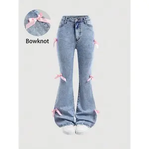 Artful4-Cute Pink Bowknot Decor High Waist Flare Denim Jeans Womenswear Bottom Chic Everyday Seamless Style