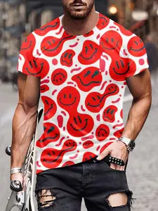 Men's Short Sleeve Smiley Print Casual T-Shirt, Comfortable Daily Wear Top, Fashion Pattern Design, Slim Fit