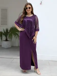 Women's Round Neck Elastic Casual Fit Long Dress, Womenswear, Vintage Aesthetics Style for Bridesmaids, Comfortable Mesh Sequin Fabric, Perfect for Weddings and Various Occasions