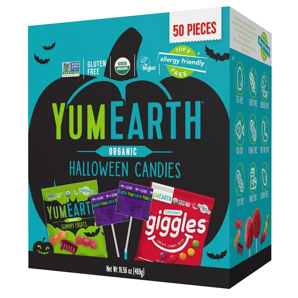 YumEarth Organic Halloween Variety Box - Allergy Friendly (Top 9 Free), No Artificial Dyes or Flavors, Non GMO, Gluten Free, Vegan Candy Snacks, Individually Wrapped (Pack of 50)