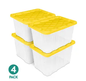 Large Storage Bin, 27 Gallon Clear Plastic Storage Container with Snap-On Lid, Yellow, Industrial, Pack of 4