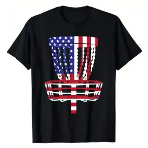 Patriotic Flag Frisbee Basketball Pattern Unisex T-Shirt - Soft Breathable Cotton Short Sleeve, Moisture-Wicking, Regular Fit Casual Sports Shirt, Suitable for Outdoor Sports and Daily Wear, Vibrant Style, Quick-Dry Fabric, Unisex Clothing
