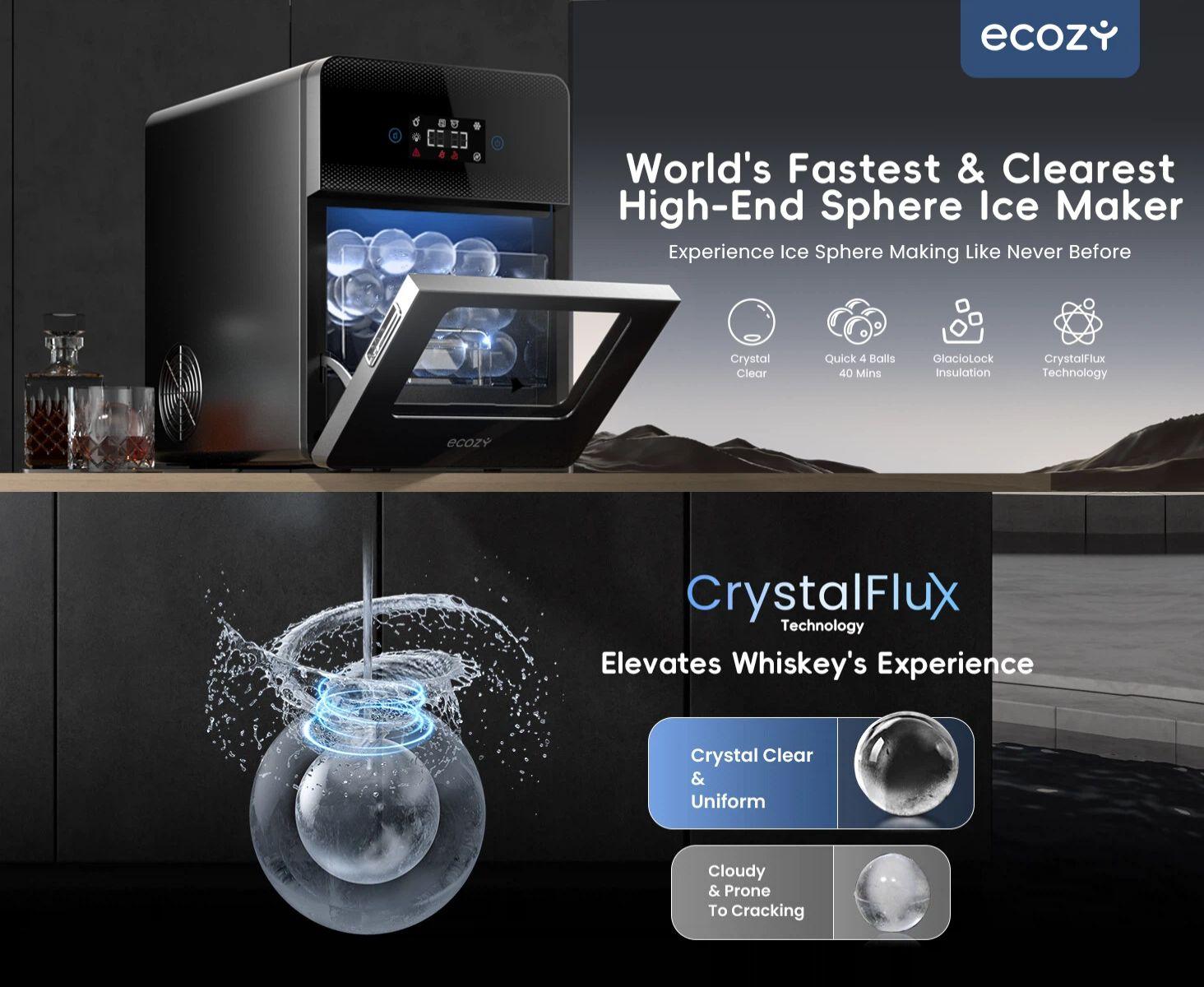 ecozy 2" Ice Ball Maker Countertop, Clear Sphere Ice Maker Machine with CrystalFlux Technology, 4 pcs in 40 Mins, 144 pcs/Day, Enhanced Insulation, Auto Water Supply, Self-Cleaning for Whiskey, Every Games ecozy 2" Ice Ball Maker Countertop, Clear Sphere Ice Maker Machine with CrystalFlux Technology, 4 pcs in 40 Mins, 144 pcs/Day, Enhanced Insulation, Auto Water Supply, Self-Cleaning for Whiskey, Every Games