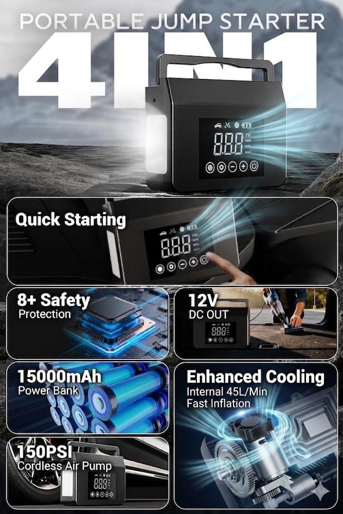 【Hieha】Father's Day Gift Upgraded Portable Car Jump Starter, 4000A Car Battery Jump Starter with 150PSI Tire Inflator, 12V Car Battery Jump Starter, 15000mAh Power Bank, with LED Light,Motherboard and Cooling Upgrade 【Hieha】Father's Day Gift Upgraded Portable Car Jump Starter, 4000A Car Battery Jump Starter with 150PSI Tire Inflator, 12V Car Battery Jump Starter, 15000mAh Power Bank, with LED Light,Motherboard and Cooling Upgrade