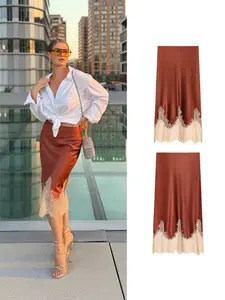 Spring Summer New Women's Lace Trim Satin Skirt, Elegant Chic Fashion Patchwork Lace Hem, Side Zip High Waist Slim Fit Midi Dress