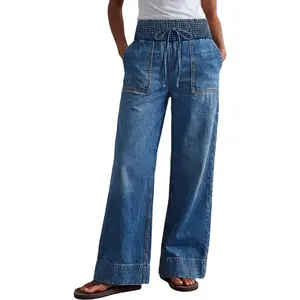 Flamingals Wash Patch Pocket Drawstring Shirred High Rise Straight Leg Jeans Womenswear Stretchy 30.3" Inseam