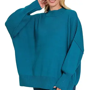 Women's Oversized Side Slit Teal Sweater