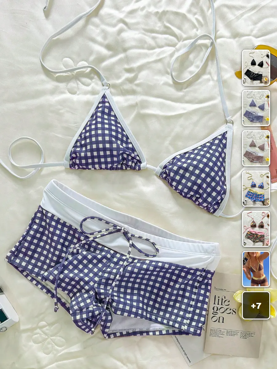 Gingham Bikini Swim Shorts Set Retro Vintage Summer Beach Vacation