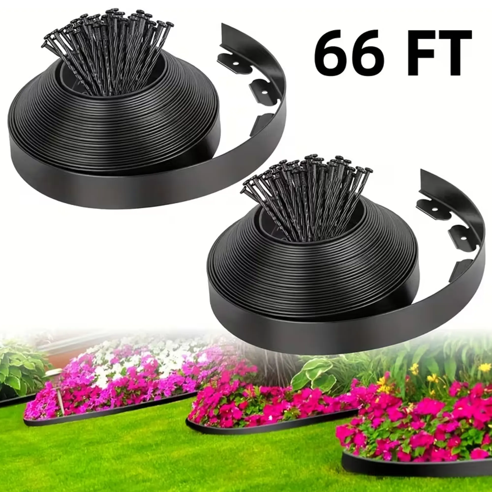 No Dig Landscape Edging Border, 2'' Tall 66FT Garden Edging Kit with 60pcs 7'' Anchoring Stakes for Lawn, Gardens and Yards (Black)