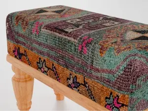 Turquoise Vintage Style Bench - Nomadic Print Rug Footstool, 9x18x14", Ethnic Pattern Design