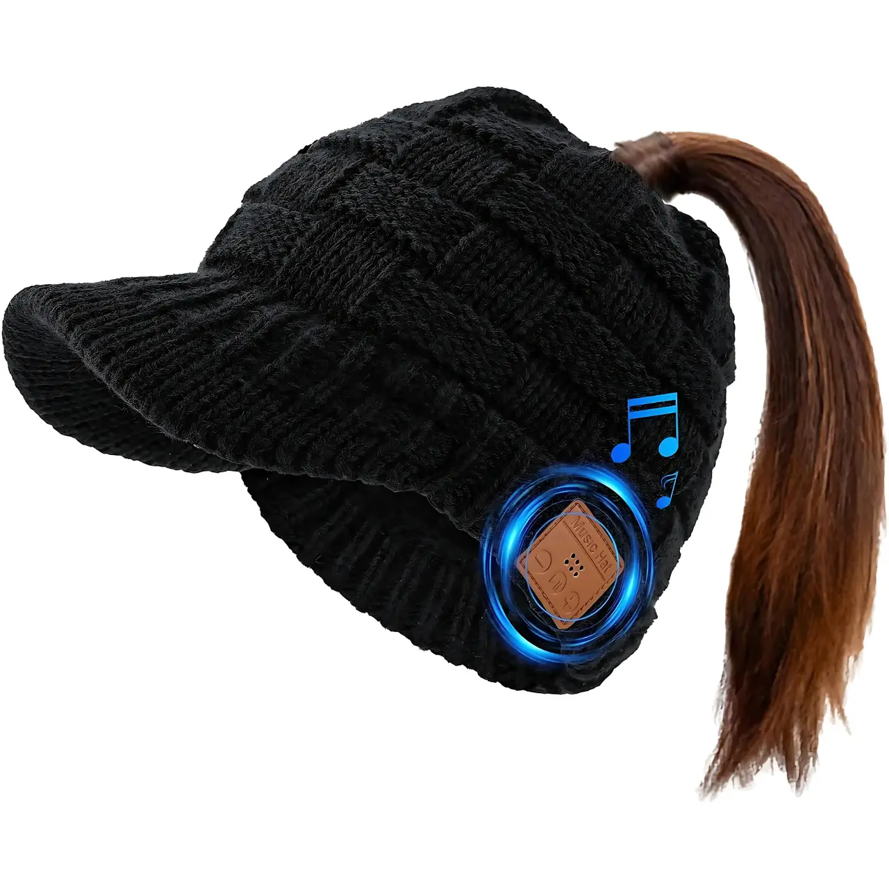 Women’s Bluetooth Ponytail Brim Beanie – Wireless Knit Music Hat, Winter Warm Brim Hat Outdoor Sports beanie gift