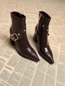 Women's Vintage High Heel Pointed Toes Boots, Autumn Winter New Thick Sole British Style Short Boot, Slimming Genuine Leather Shoes