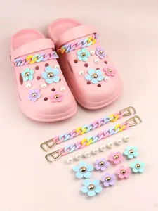 18pcs Novelty Multicolor Chain & Flowers & Faux Pearls Design Shoes Decorations, Fashionable Unique Shoes Accessories Gifts For Clogs Design, Footwear